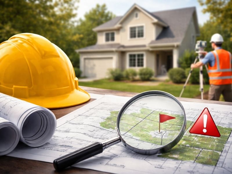 House survey vs home inspection property due diligence | Ringgold Land Surveying House survey documents and inspection plans with a surveyor in the background illustrating the difference between a house survey and a home inspection