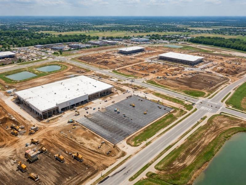 Alta survey major highways commercial property risk access | Ringgold Land Surveying Aerial view of a large commercial development showing roads, parking areas, and buildings under construction, illustrating conditions commonly documented in an ALTA survey.