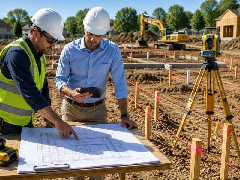 Construction staking survey new project | Ringgold Land Surveying Surveyor and civil engineer reviewing a construction staking survey before foundation work begins.