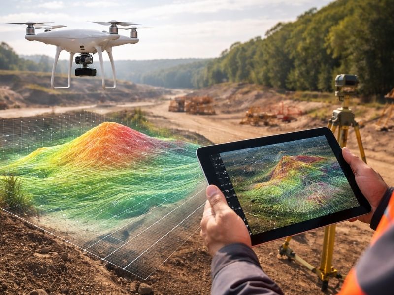 Lidar mapping drone terrain survey | Ringgold Land Surveying Drone performing LiDAR mapping over a development site while generating a 3D terrain model for land surveying and site planning