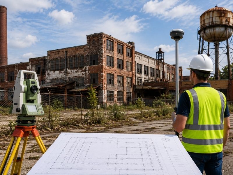ALTA land survey older factory redevelopment Ringgold GA | Ringgold Land Surveying Surveyor performing an ALTA land survey at an older factory site in Ringgold, GA before industrial redevelopment.