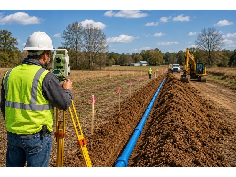 construction survey for water utilities ringgold ga | Ringgold Land Surveying Land surveyor performing a construction survey for a rural water line installation in Ringgold, Georgia.
