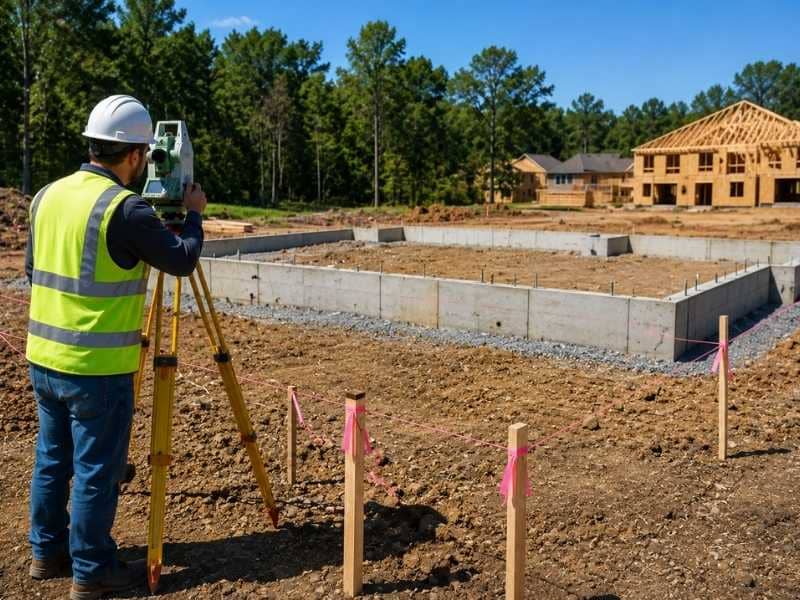 construction surveyor layout checks before framing | Ringgold Land Surveying Construction surveyor performing layout checks before framing to verify foundation location, dimensions, elevations, and building placement.